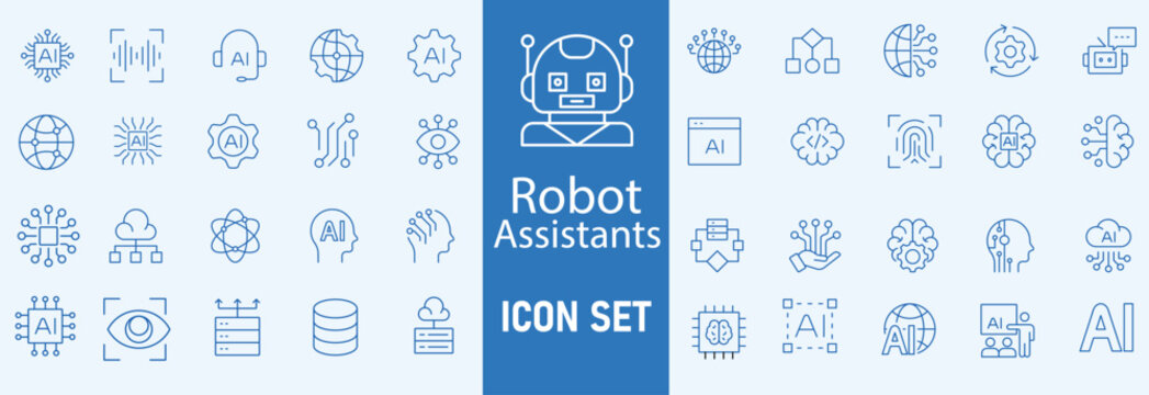 Set of Artificial Intelligence icon. Service, Digital, Robot, Data, Information, Learning, Future, Artificial Intelligence, Support, Help, Chat Bot, Conversation, Smart, Concept, Innovation vector.