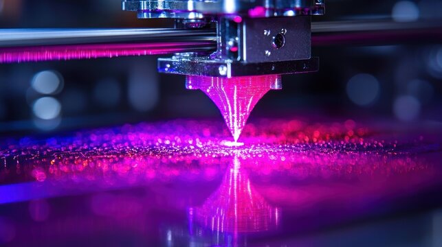 Close-up of 3D Printer in Action:  Creating a Vibrant Pink and Purple Object