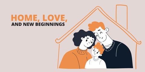 Cartoon vector illustration of a young family under their roof like creating a home full of love and memories