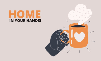 Cartoon vector illustration of a hand holding a coffee cup like enjoying a warm moment of relaxation