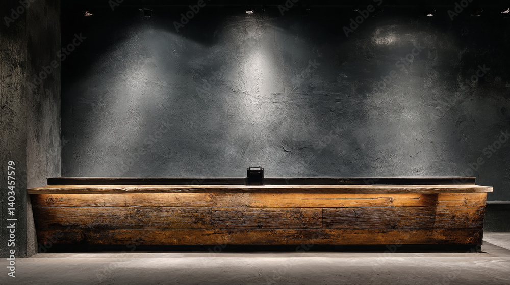 Aufkleber Dark textured wall with rustic wooden counter, illuminated by spotlights, creating a minimalist and modern display, ideal for product showcase or branding