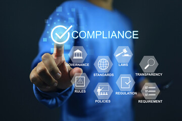 Compliance concept with a man tick checkmark to applied standard and regulation for export products to foreign countries to meet government trade requirement in global business