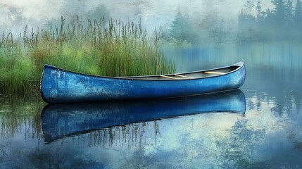 Blue canoe on lake serene waters peaceful landscape nature photography scenic beauty calm river boating outdoors 