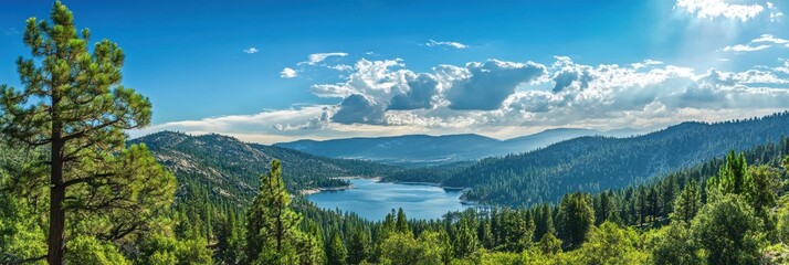Stunning Panorama of Big Bear Lake, California: A Summer Landscape with Majestic Mountains and Lush Greenery Under a Cloudy Sky