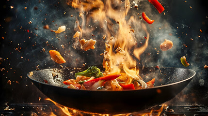 Fiery wok cooking extravaganza showcasing culinary artistry and vibrant flavors