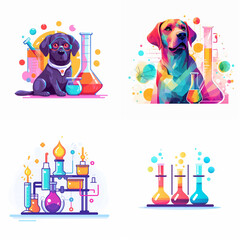 Colorful science-themed illustrations featuring dogs and laboratory equipment.