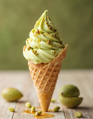 Pistachio Ice Cream in Waffle Cone with Crushed Pistachios and Honey Drizzle