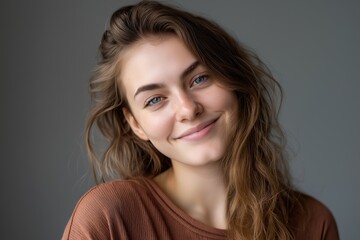 Naklejka premium Smiling young caucasian female with long hair in casual attire