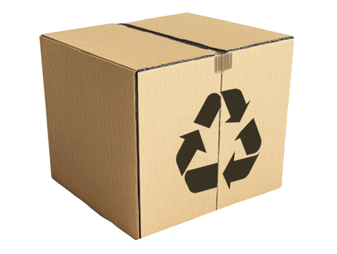 Cube made of cardboard featuring a prominent recycling symbol in a cut-out. - Powered by Adobe