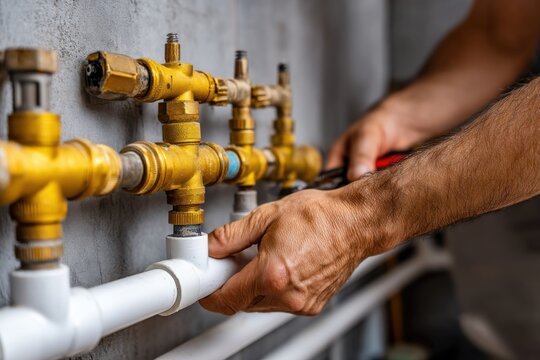 A skilled plumber expertly connects white pipes to complex gold-colored fittings, ensuring a leak-proof plumbing system for a modern home or commercial building.