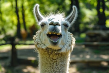 Obraz premium Joyful Llama: A Happy Smiling Mammal Spreading Cheer in the Zoo Environment