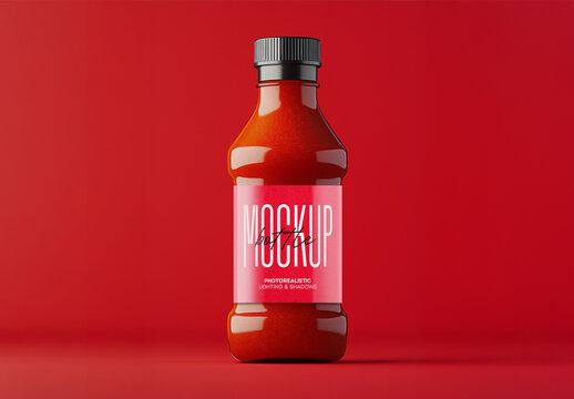 Glossy Red Sauce Bottle Mockup on Monochrome Background &mdash; Realistic Food Packaging Template for Branding and Product Presentation