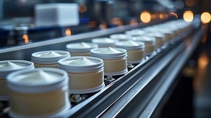 A conveyor belt is filled with containers of whipped cream