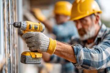 Close up of a construction worker screwing a screw with a power drill wearing gloves and safety helmet on the job site, ensuring precision and safety standards.
