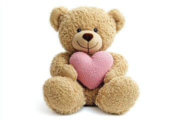 Obraz premium Adorable Teddy Bear Cradling Heart, Fluffy Vintage Charm on White Background for February 14