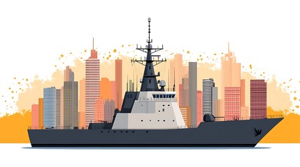 Obraz premium Grey Warship at Sunset City Skyline Illustration
