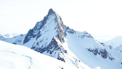 Obraz premium Snow-covered mountain peak on bright white background, snow, landscape