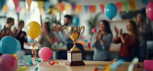 Office award ceremony, colleagues celebrate, confetti, balloons