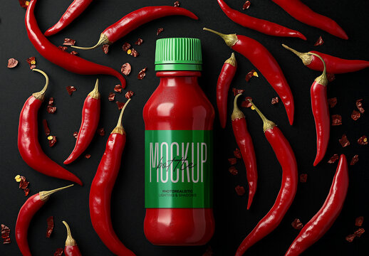 Hot Sauce Bottle Mockup with Red Chili Peppers &mdash; Photorealistic Packaging Design for Spicy Condiment and Branding Projects