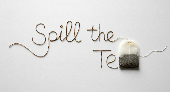 Spill the tea concept with teabag on white background for gossip and secrets