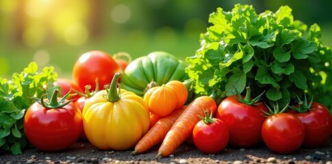 Sun-drenched organic vegetables freshly picked from the garden , ripe, colorful