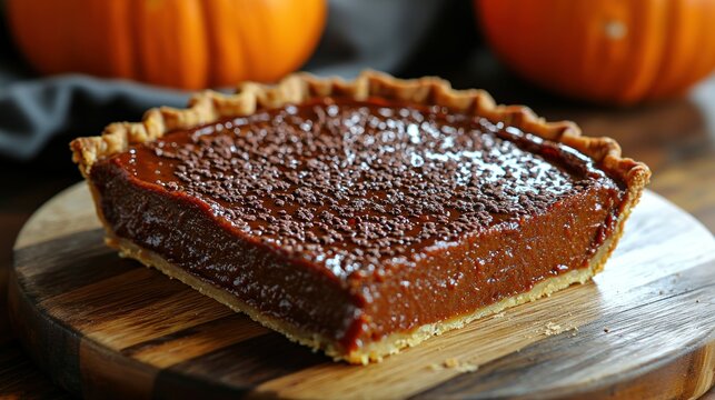 A slice of decadent chocolate pumpkin pie,  perfectly baked with a flaky crust and sprinkled with chocolate shavings, sitting on a rustic wooden board.