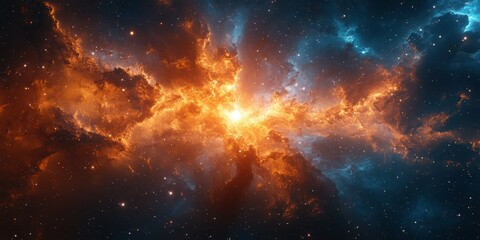 Naklejka premium Vivid cosmic explosion showcases vibrant colors in deep space during a stellar event