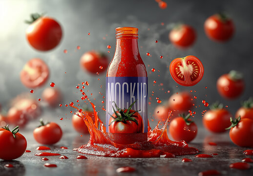 Realistic Tomato Sauce Bottle Mockup with Splash Effect and Fresh Tomatoes &mdash; Dynamic Food Packaging Design for Branding and Commercial Use