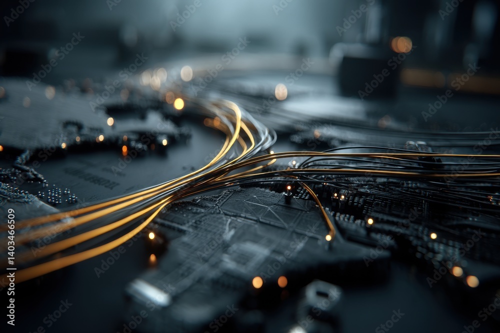 Poster a complex network of interconnected cables and circuits, symbolizing modern technology and data flow
