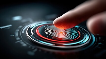 Futuristic fingerprint authentication technology digital workspace high-tech graphic dark environment close-up view security concept