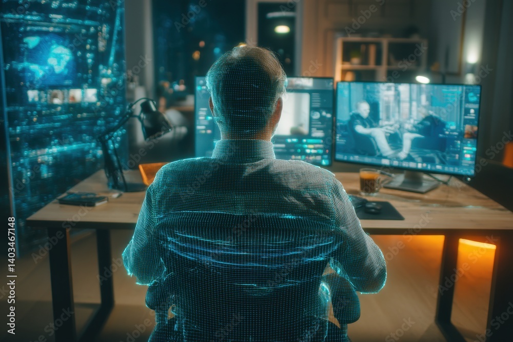 Poster man working on computers with futuristic, holographic interface, data processing, and virtual realit