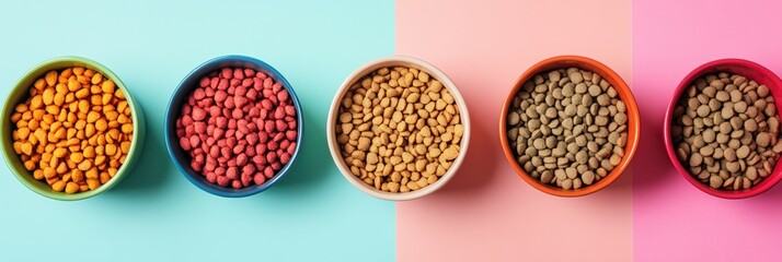 Colorful pet bowls filled with dry food on a pastel background in a stylish arrangement perfect for animal lovers