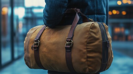 Stylish Brown Duffel Bag on Man's Shoulder, Perfect Blend of Fashion and Functionality for Business, Fitness, and Travel