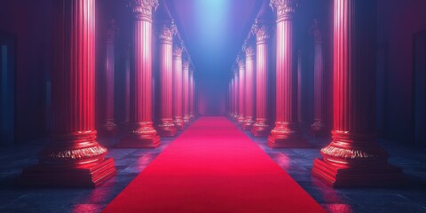 Elegant red carpet leading through grand columns illuminated by soft blue light in a majestic hall