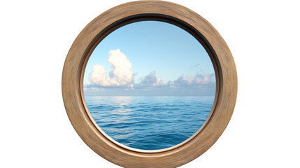 Fototapeta premium Seascape Through a Porthole: A captivating view of a tranquil ocean scene is framed within a rustic porthole, evoking a sense of adventure and serenity. Witness the open water, blue sky.