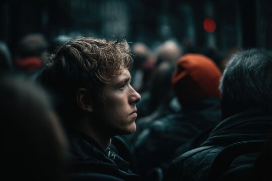 Portrait of a contemplative young man in a crowd, looking off to the side with a thoughtful expression amidst blurred faces, suggesting introspection and urban life.