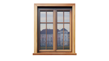 Window with Reflection: A double-hung window frame with wood trim showcasing a captivating reflection of the neighborhood. The windowpane detail provides visual texture.