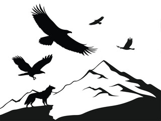 Shadow of an eagle flying above a mountain valley, with prey's shadow visible on the ground