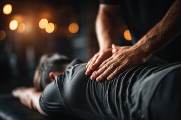 Fototapeta premium A relaxing back massage session, therapist hands gently working on a client's muscles, promoting wellness and stress relief in a dimly lit, soothing atmosphere.