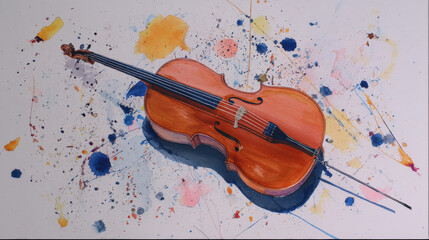 Fototapeta premium Hand-painted watercolor of a cello, deep chestnut with navy blue and orange splash accents, lying on a canvas soaked in abstract expressionist paint bursts