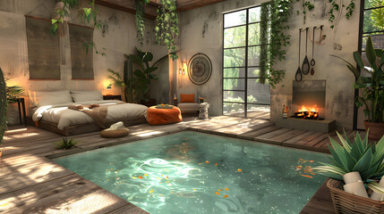 Small plunge pool in a compact modern home, perfect for urban living, with a stylish wooden deck and cozy seating area