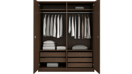 Open Wardrobe: A stylish, fully opened wardrobe showcasing neatly organized clothing and personal items, the epitome of neatness and order.