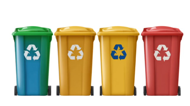 Recycling Bins: Four colorful recycling bins stand ready for waste separation, promoting environmental responsibility.