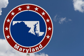 Maryland map with stars on a US red, white and blue road sign