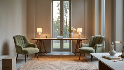 Fototapeta premium Serene Home Office With Rustic Wooden Desk And Two Green Armchairs