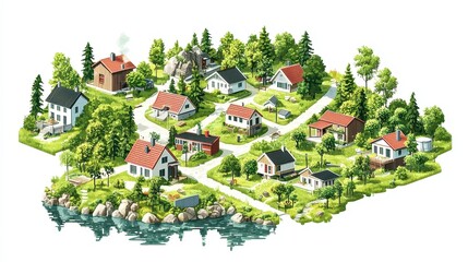Scandinavian Eco-Settlement, vibrant isometric pixel art depicting minimalist green buildings, forested rooftops, serene lakeside layouts, isolated on white background