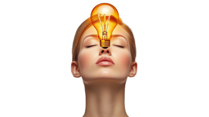 A woman meditating with a light bulb symbolizing creativity, isolated on a white background.