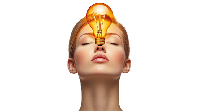 A woman meditating with a light bulb symbolizing creativity, isolated on a white background.