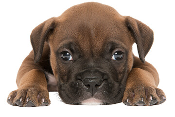 Obraz premium Adorable puppy lying on the floor with a curious expression on its face.