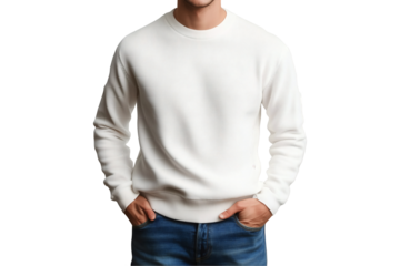 Young Man Smiling Wearing Plain White Sweatshirt and Blue Jeans with Hands in Pockets on Transparent Background